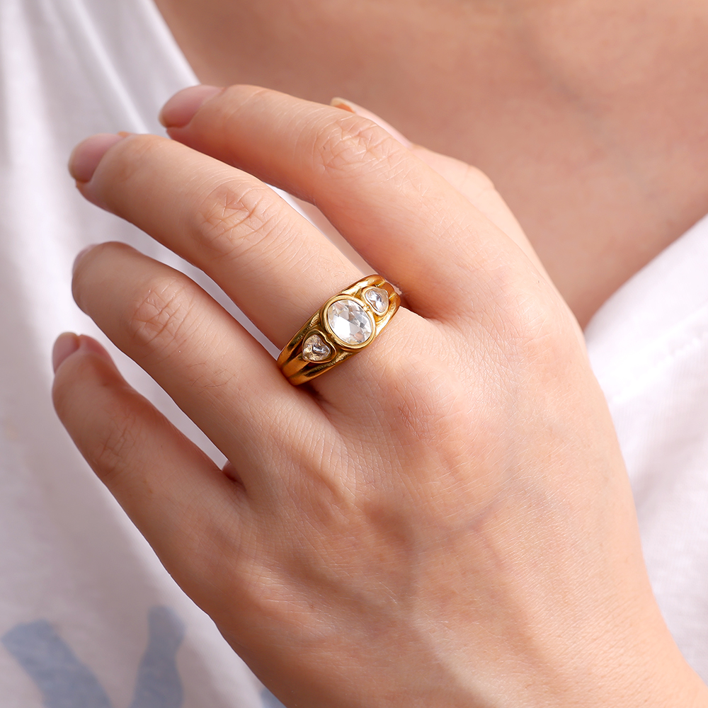 Vintage Look Oval Diamond Stainless Steel Ring    
