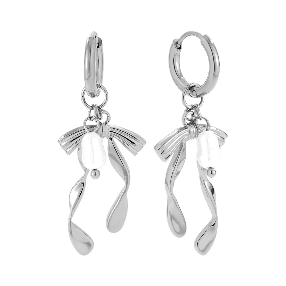 1.2*3.8cm Bowtie And Pearl Stainless Steel Earrings        