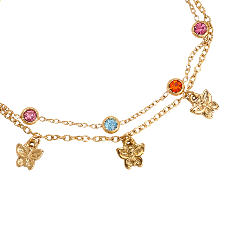 Stainless steel bracelet, 17cm, featuring a butterfly with colourful cubic zirconia