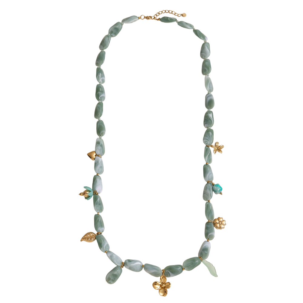 90cm elongated acrylic pieces and golden flower pendant stainless steel necklace      