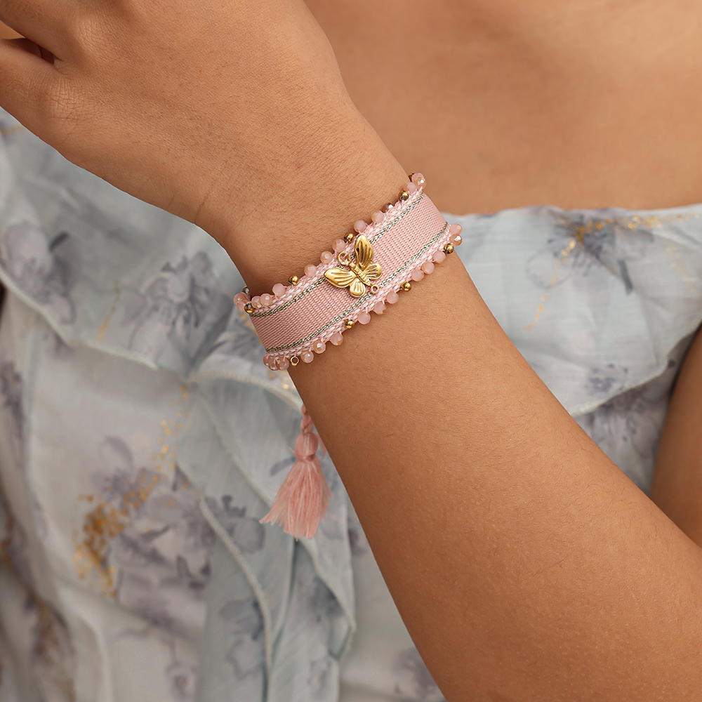 Butterfly on a polyester bag Stainless steel bracelet  