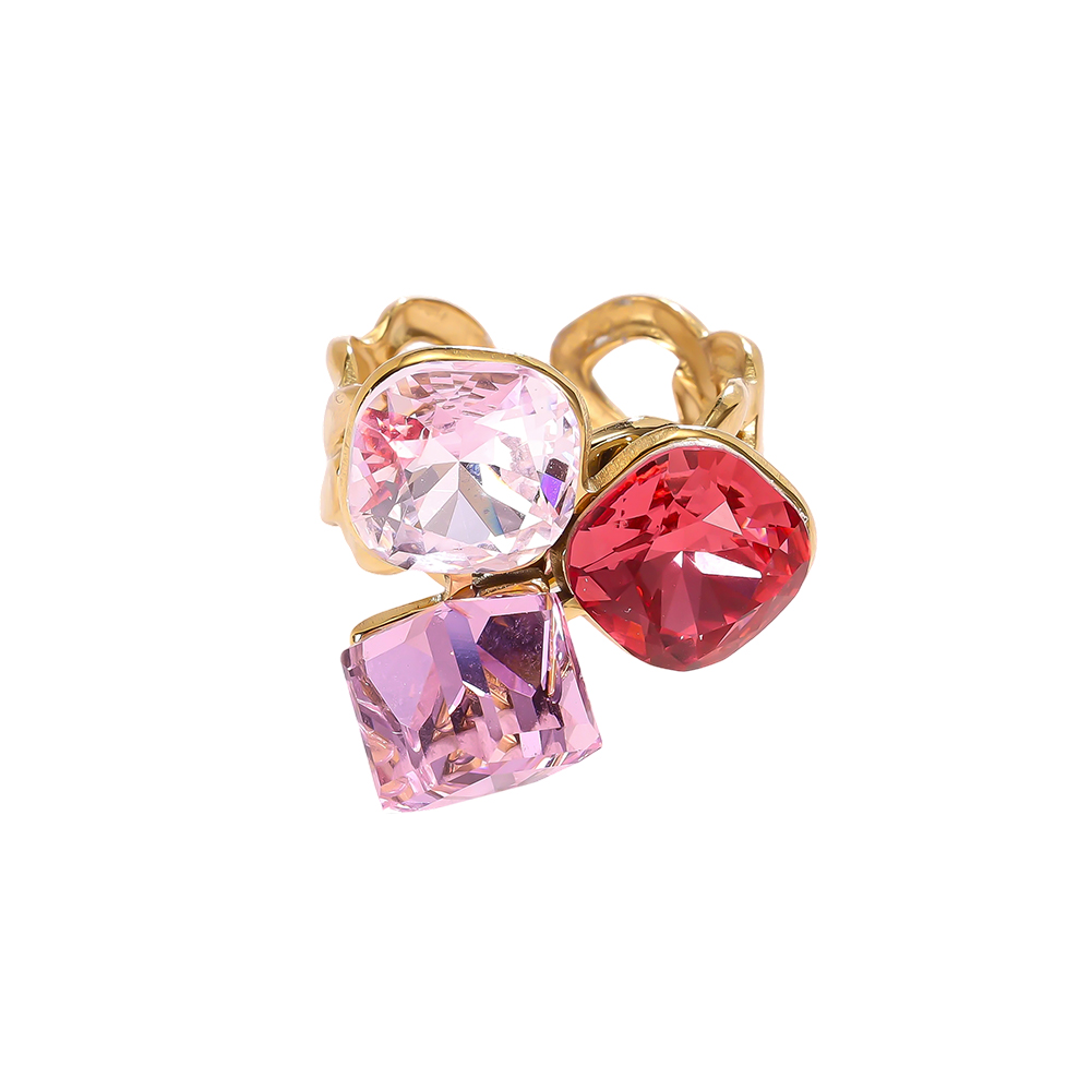 Stainless steel ring, adjustable, with three large glass stones in different colours