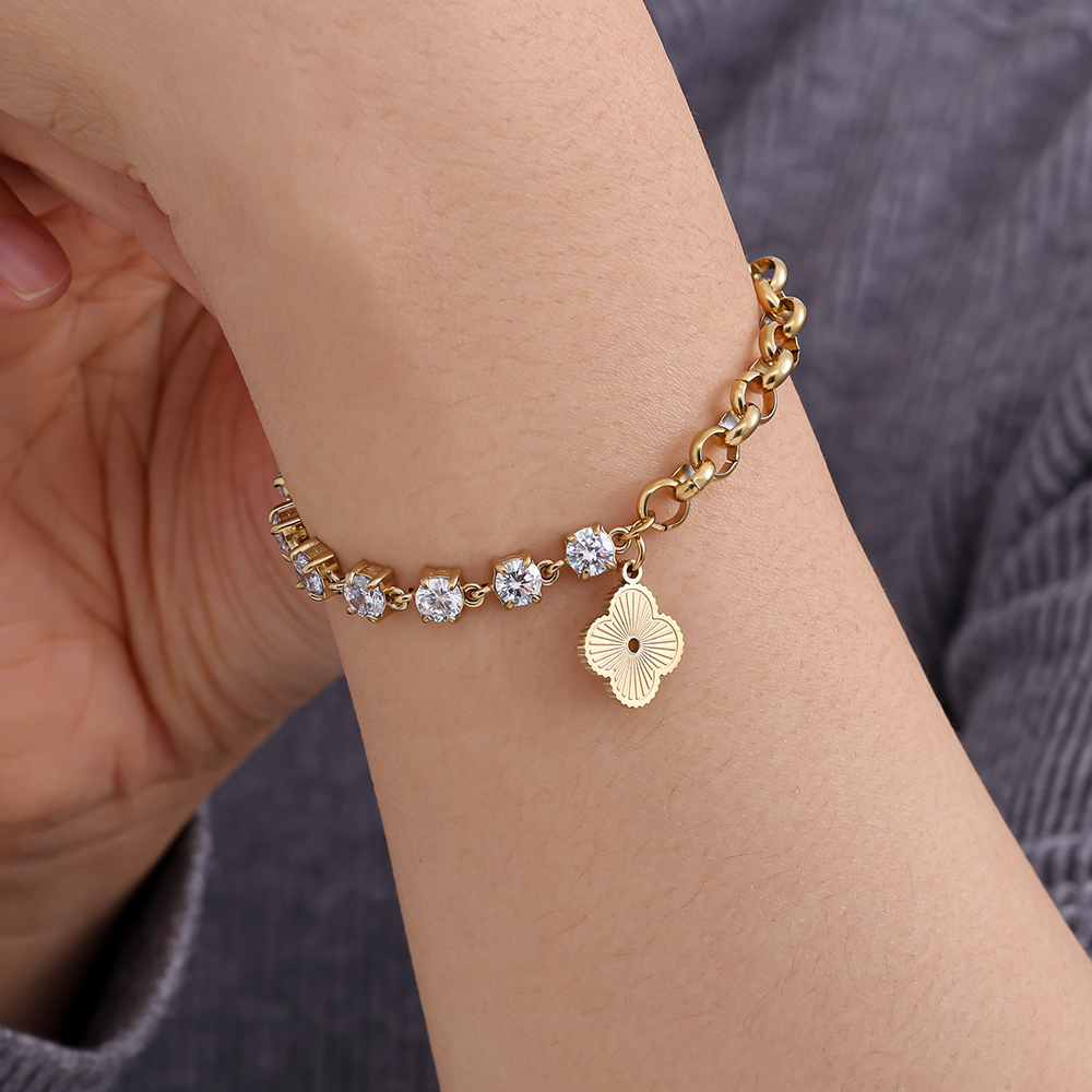 16cm Half Diamond Chain With Lucky Flower Stainless Steel Bracelet     