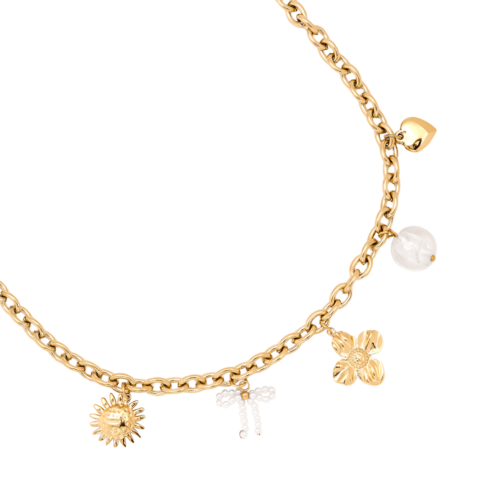 43cm sun, flower, heart and pearl pendant stainless steel necklace