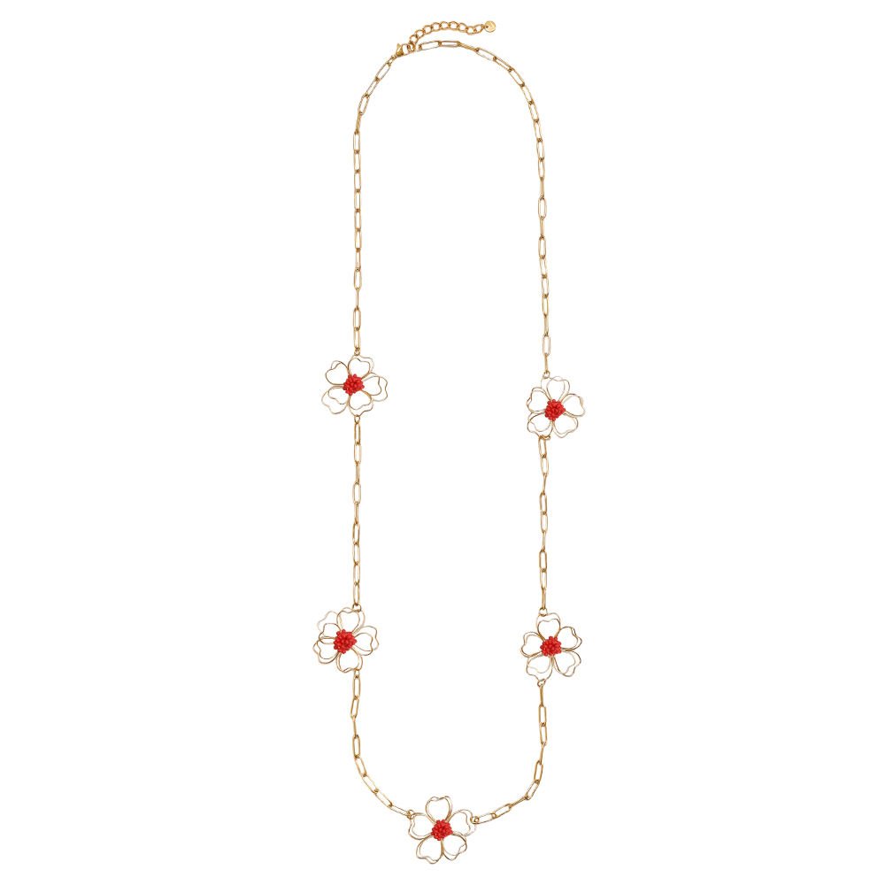 Stainless steel necklace 94cm golden flowers