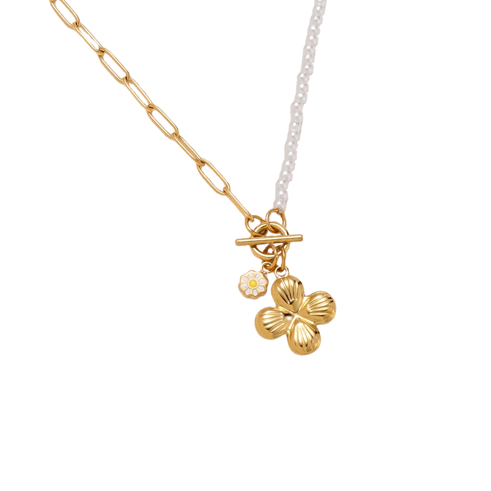 Stainless steel necklace 40cm half-sided faux pearl chain and flower