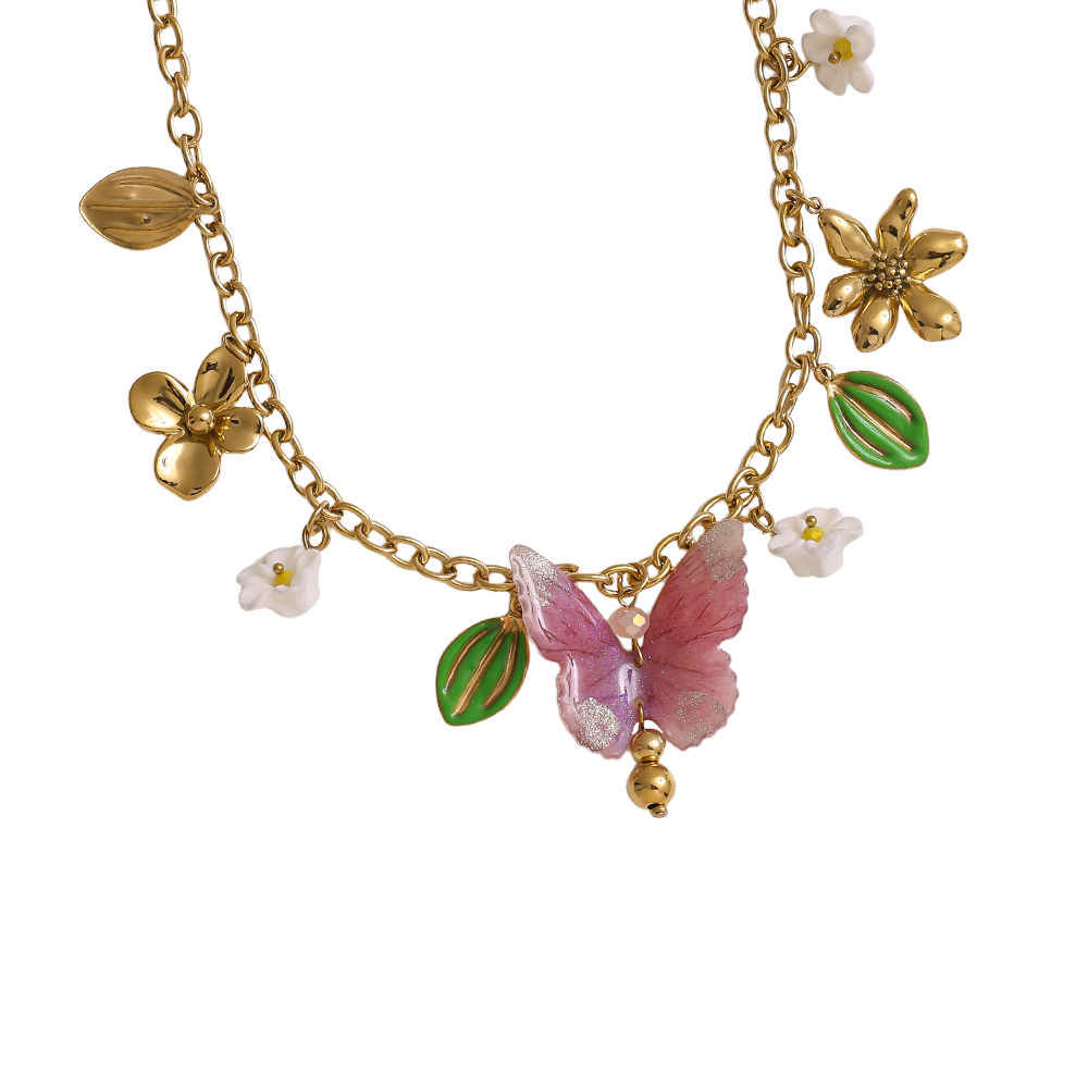 42cm acrylic butterfly heart blossom stainless steel necklace 