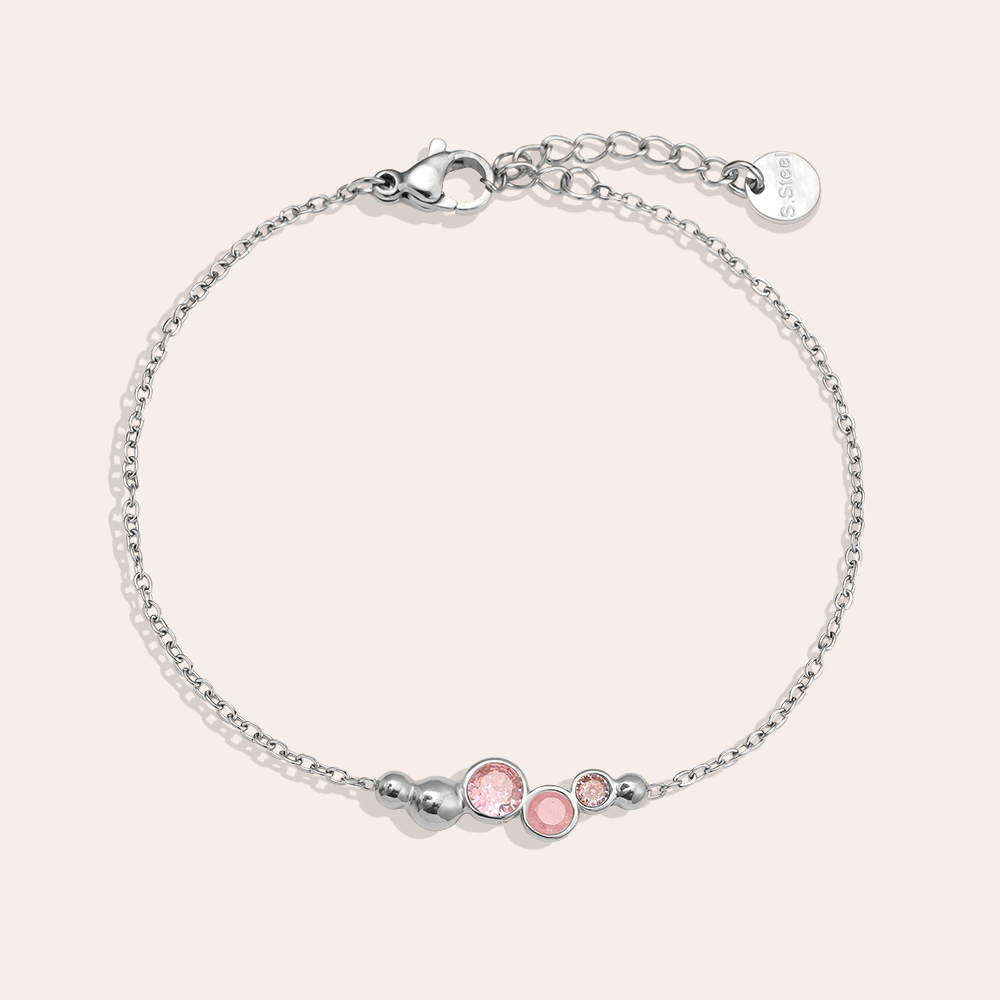 17cm Pink Round Diamond Stainless Steel Bracelet      