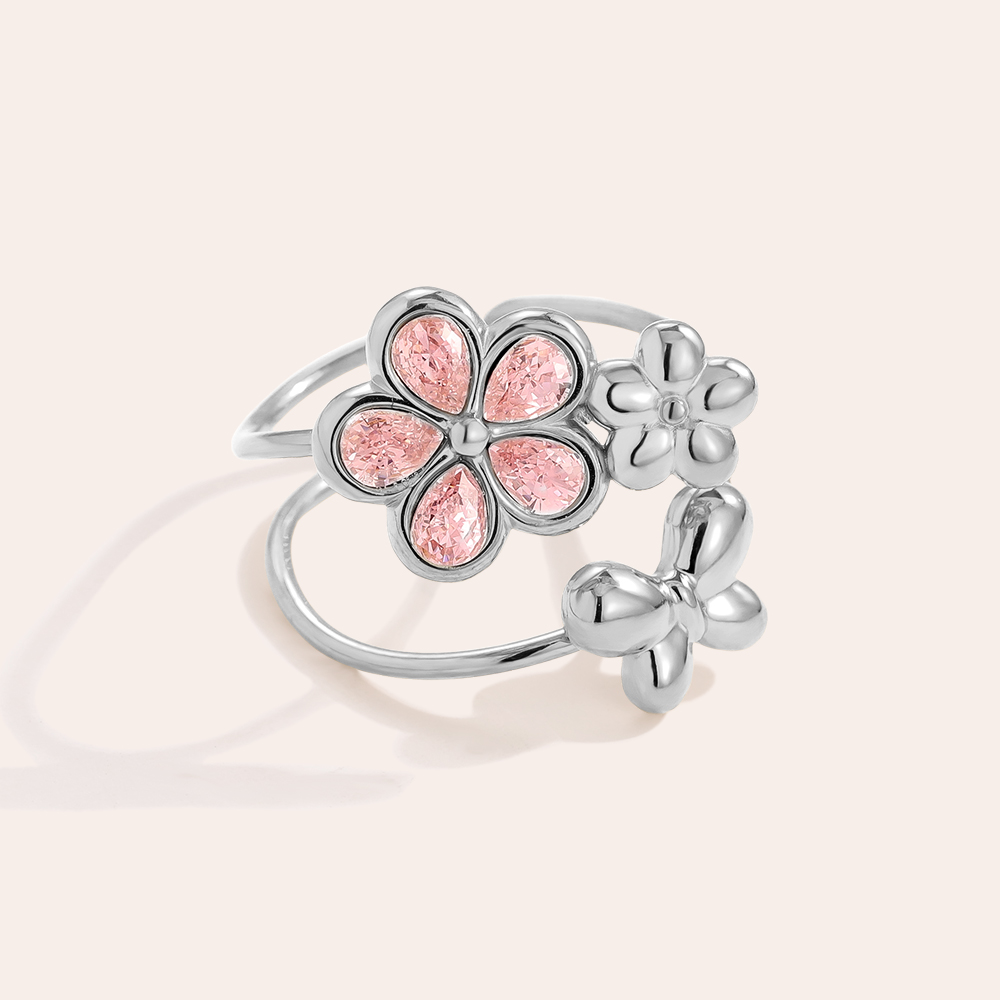 Adjustable glass stone flower butterfly stainless steel ring