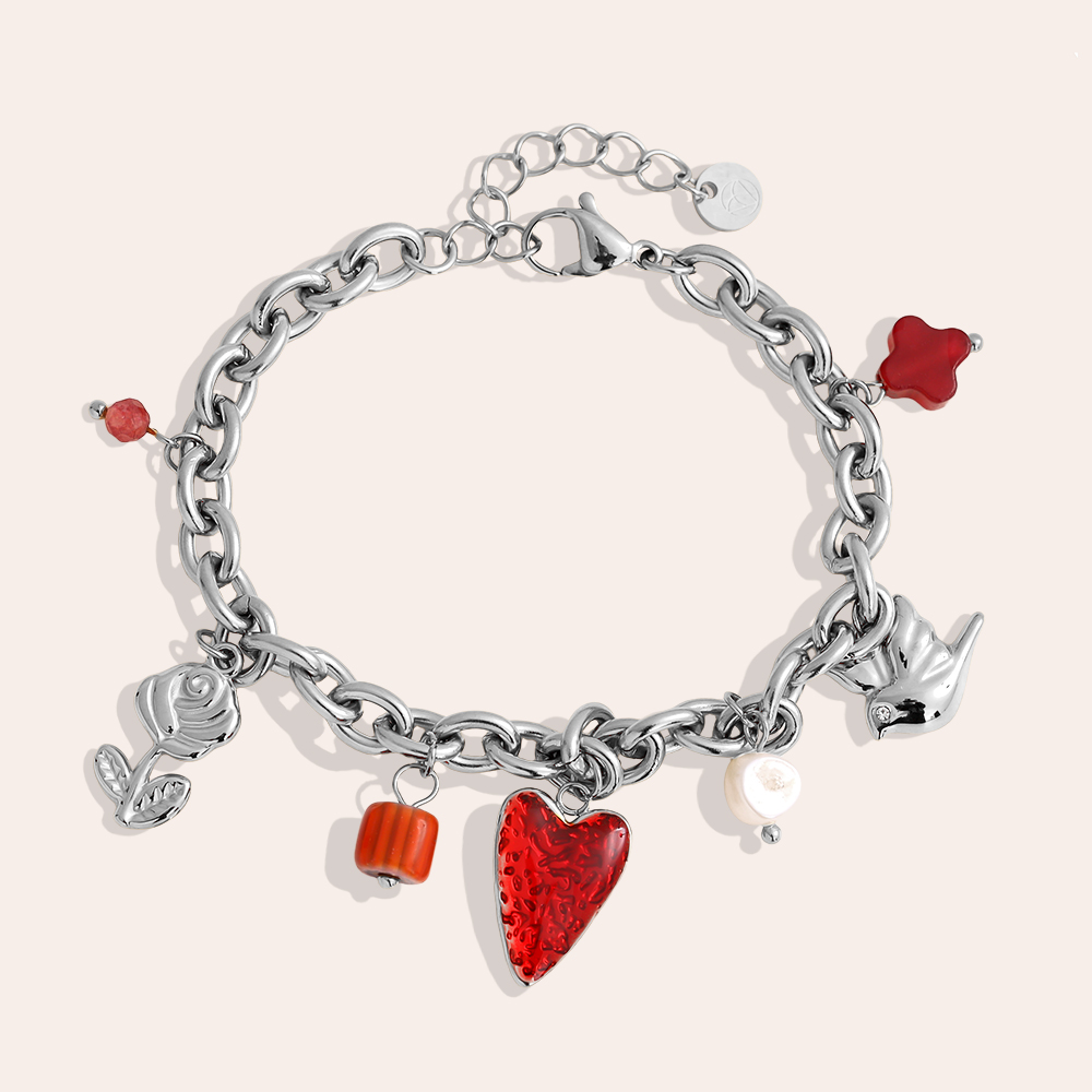 17cm red heart flower bead and flying dove stainless steel bracelet      