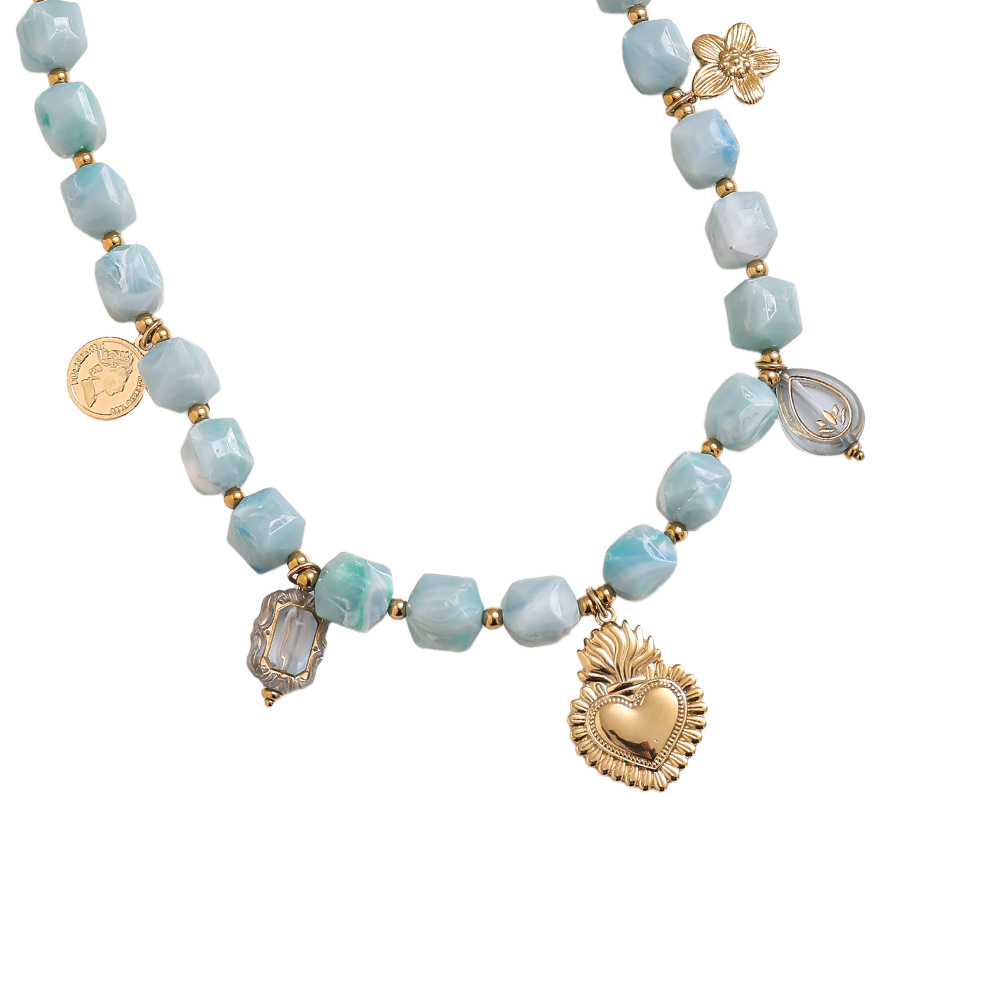 45cm chain with small acrylic cubes and golden flower, heart stainless steel necklace  