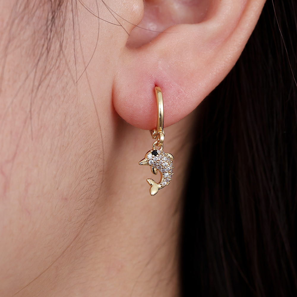 25mm Cute Dolphin Diamond Gold Plated Earrings