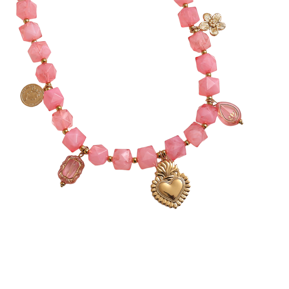 45cm chain with small acrylic cubes and golden flower, heart stainless steel necklace  