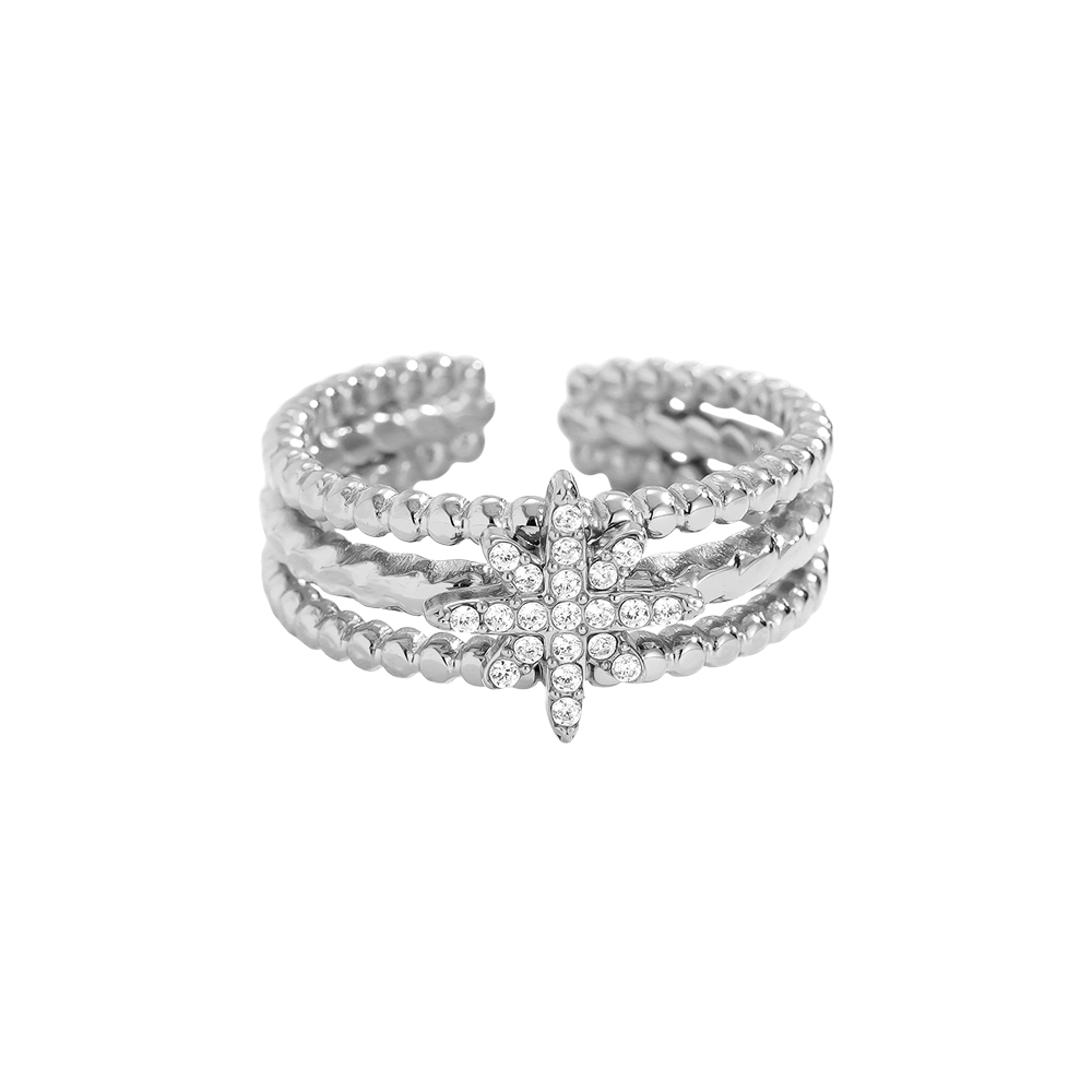 Diamond Star In Three Line Stainless Steel Ring    