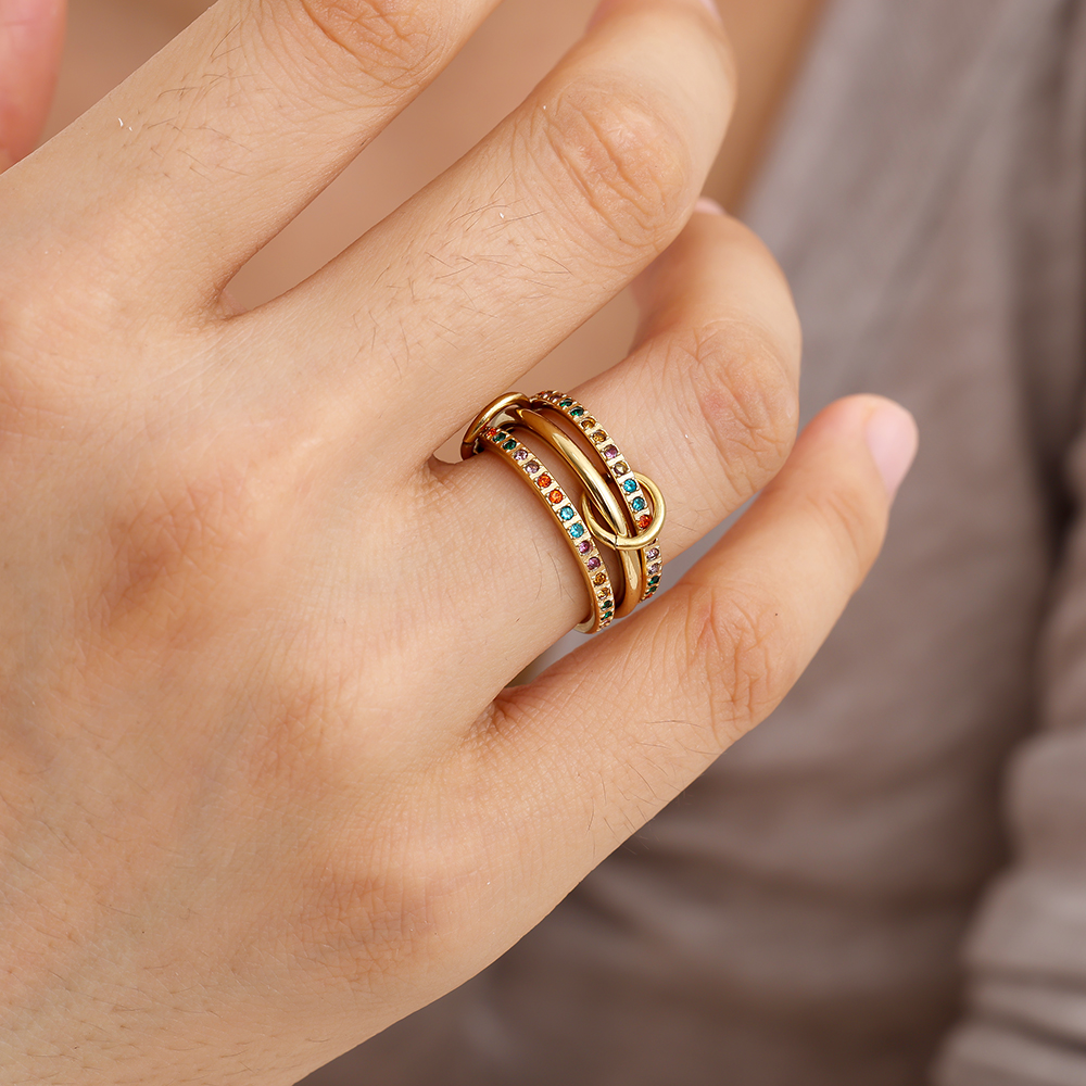 Three Layer Multi Colour Diamond Stainless Steel Ring    