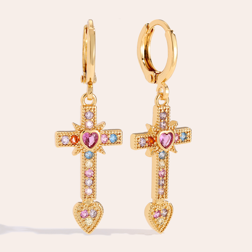 3.9cm Diamond Cross And Heart Gold Plated Earrings      