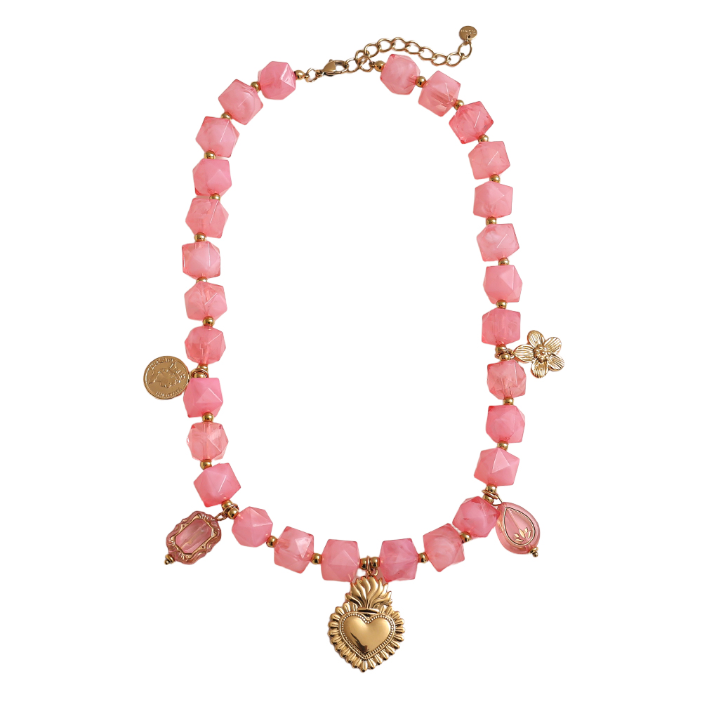 45cm chain with small acrylic cubes and golden flower, heart stainless steel necklace  