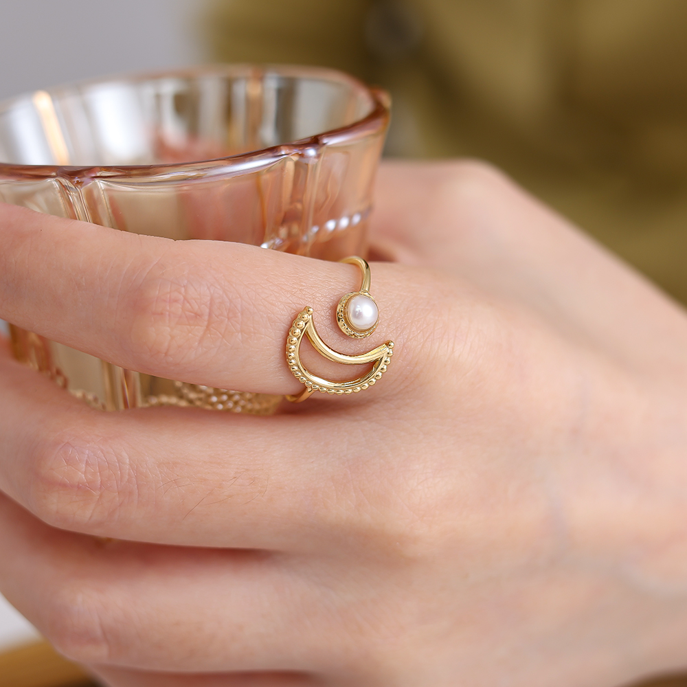 Moon And Pearl Stainless Steel Ring  