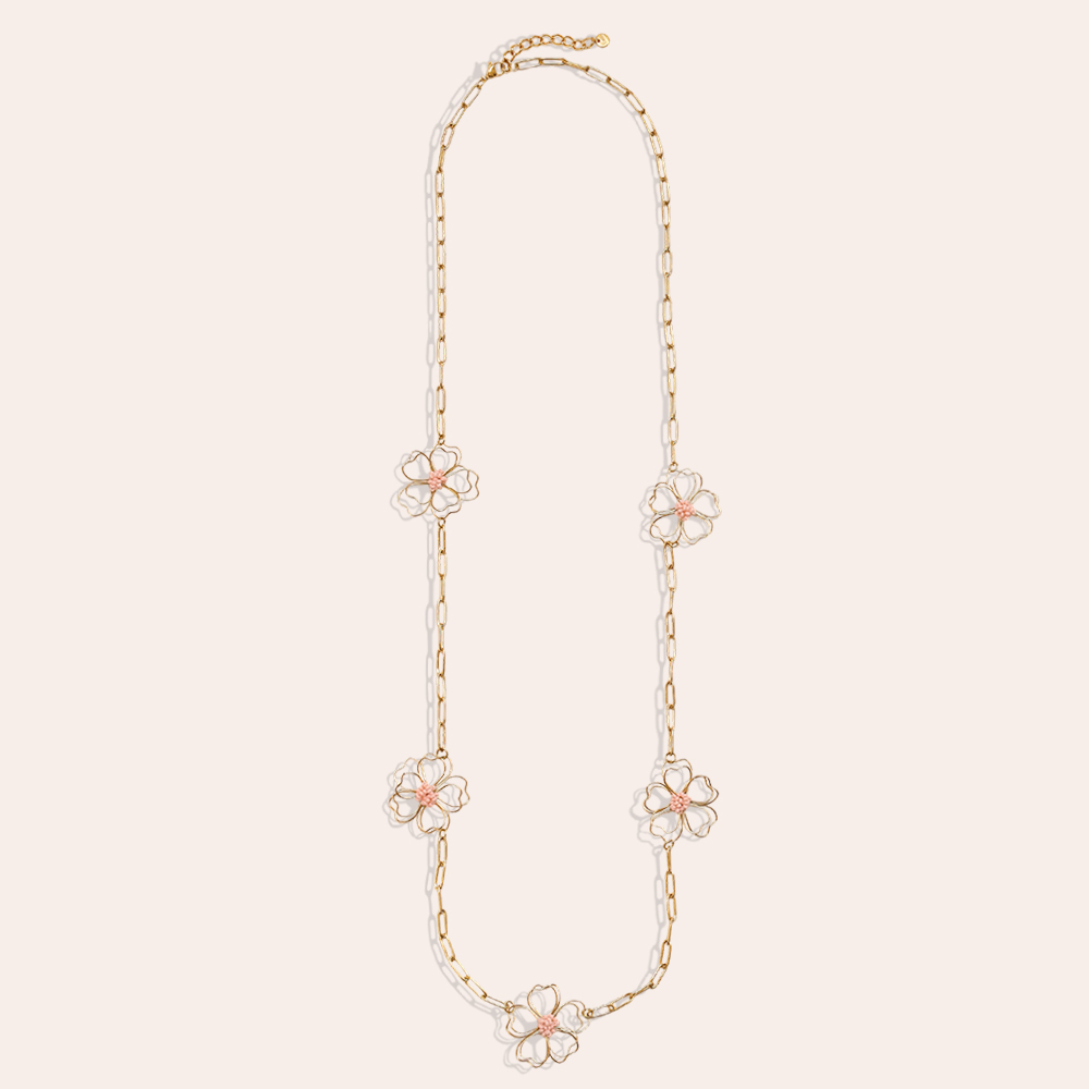 Stainless steel necklace 94cm golden flowers