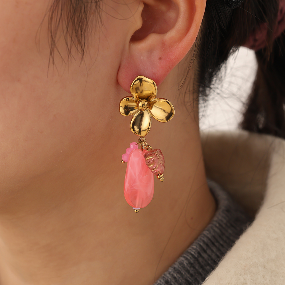 55mm Flower With Acrylic Charms Stainless Steel Earrings     