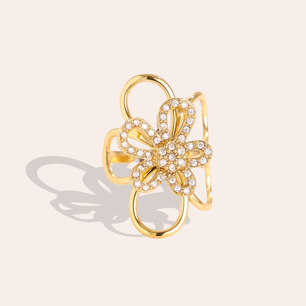 Adjustable rhinestone flower stainless steel ring    