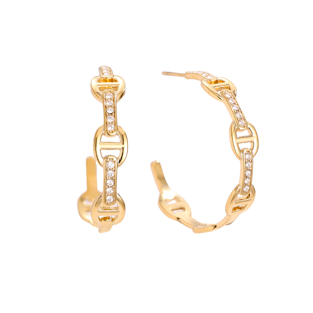 3cm Pig Nose Diamond Half Hoop Stainless Steel Earrings     