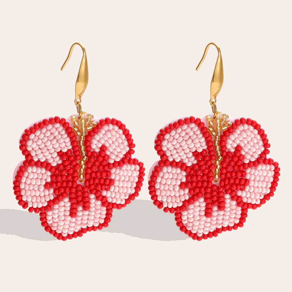 65mm Red Beads Flowers Stainless Steel Earrings