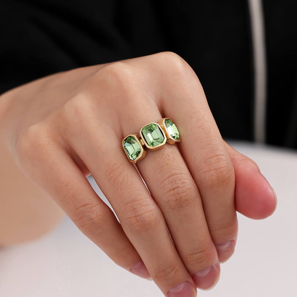 Adjustable open glass stone stainless steel ring 