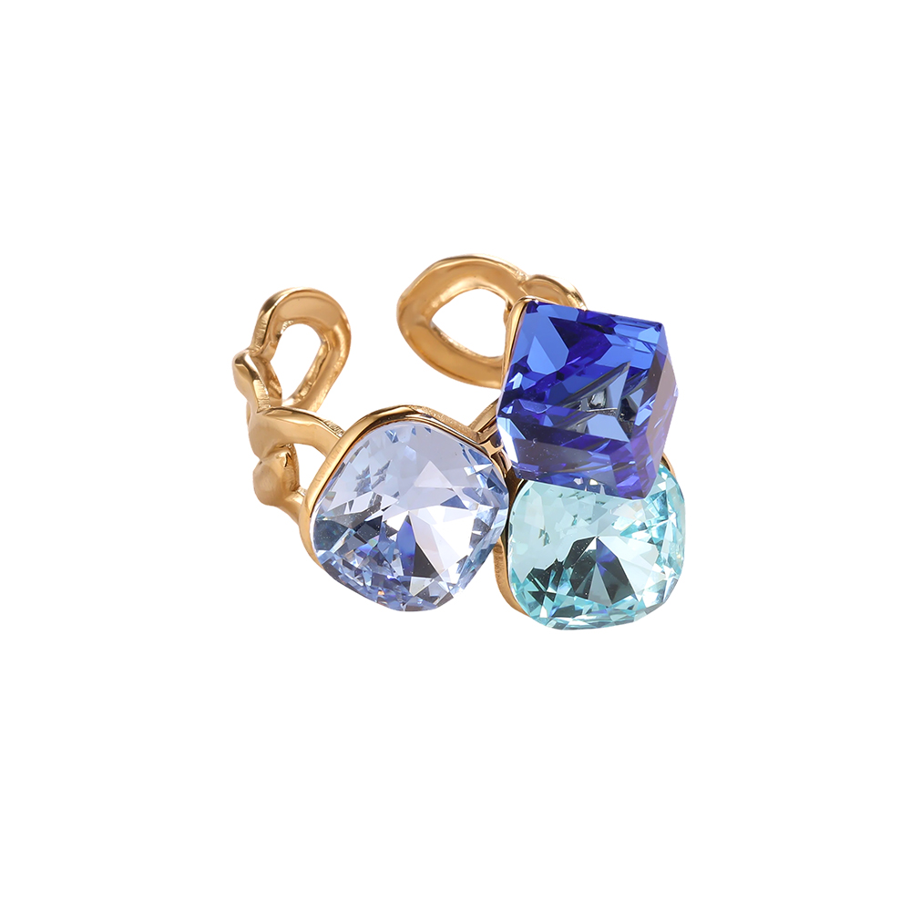 Stainless steel ring, adjustable, with three large glass stones in different colours