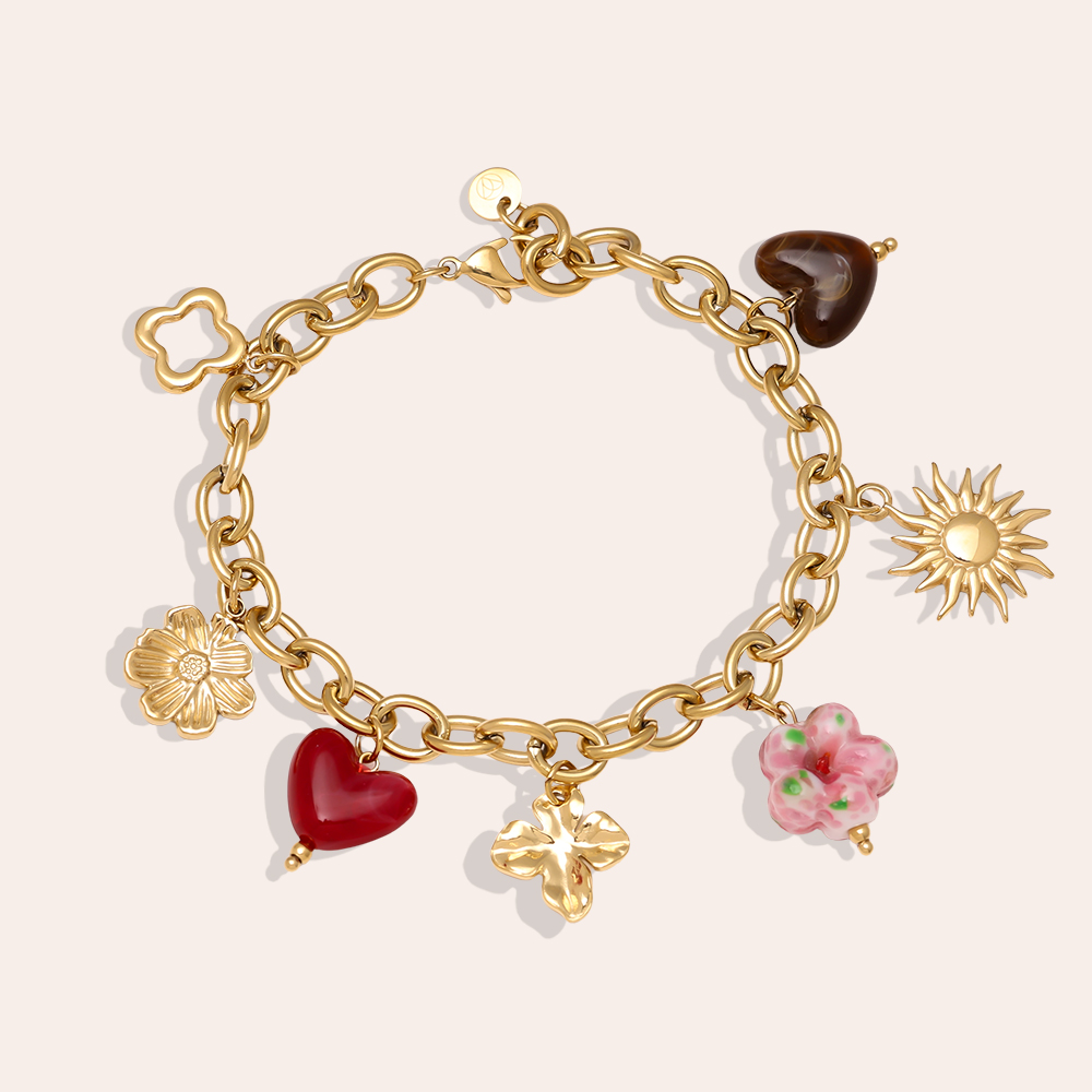 17cm acrylic heart flower beads stainless steel bracelet