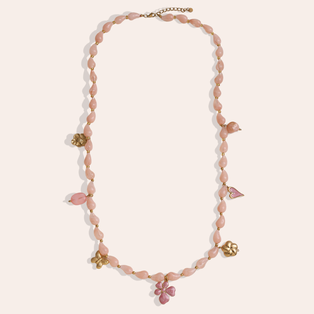 89cm necklace with resin drops and golden butterfly, flower, heart stainless steel necklace     