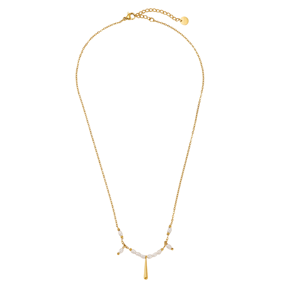 Stainless steel necklace, 42cm, with lots of small beads and a gold pin